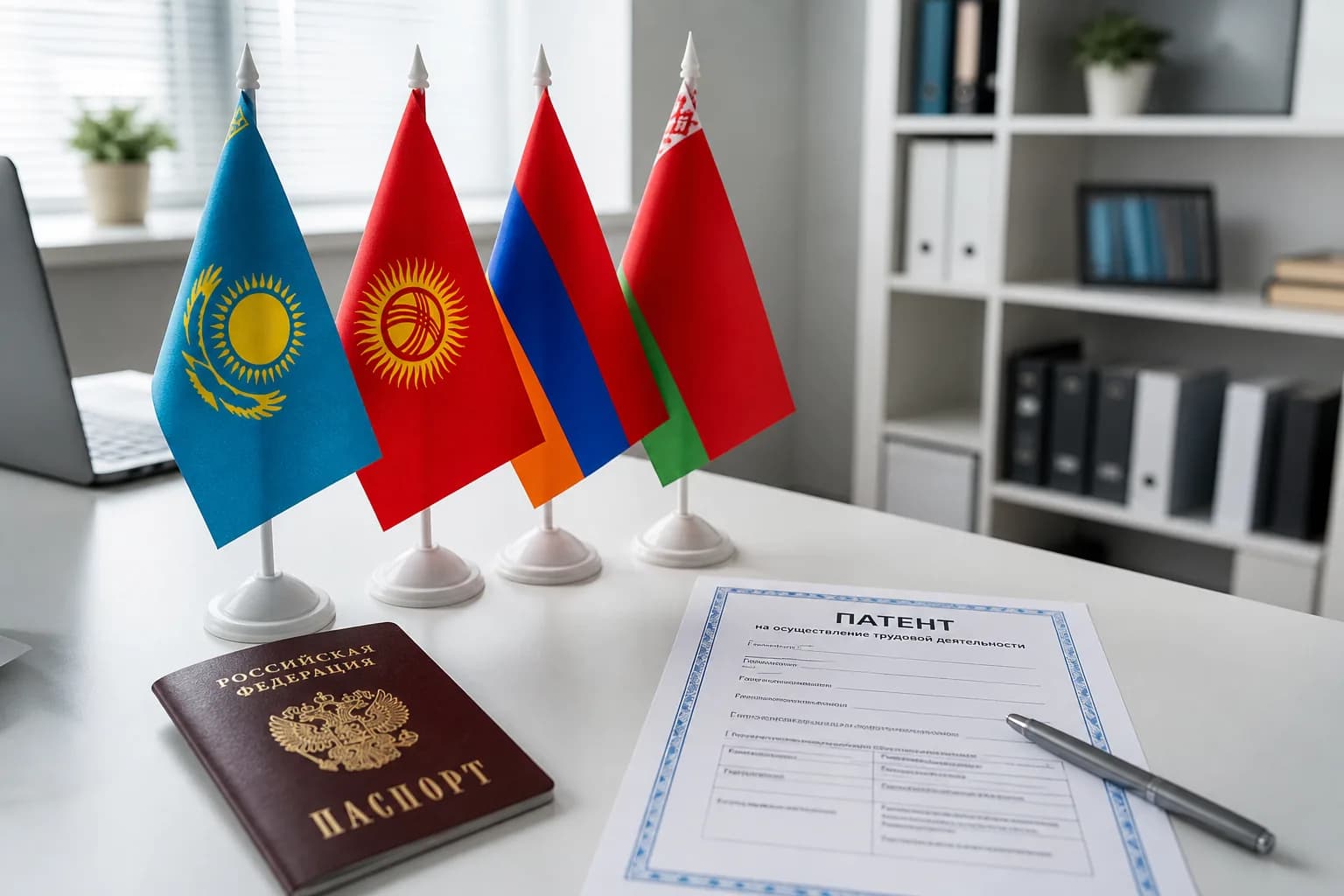 Флаги стран ЕАЭС рядом с паспортом и бланком патента на работу