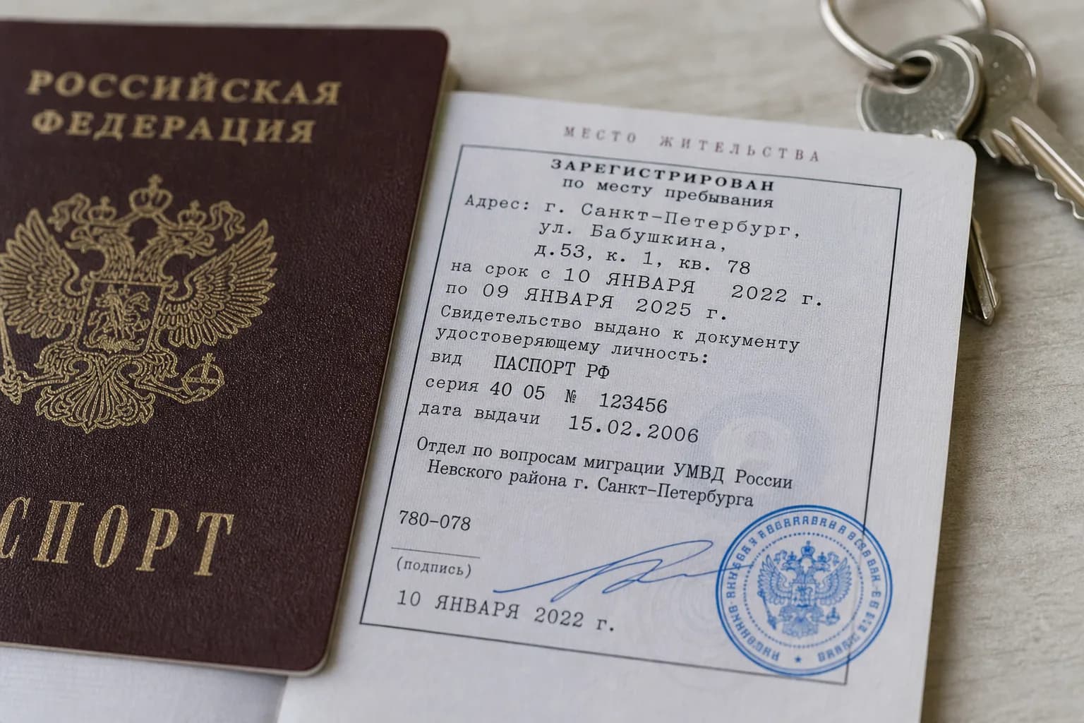 Свидетельство о регистрации по месту пребывания и паспорт на столе
