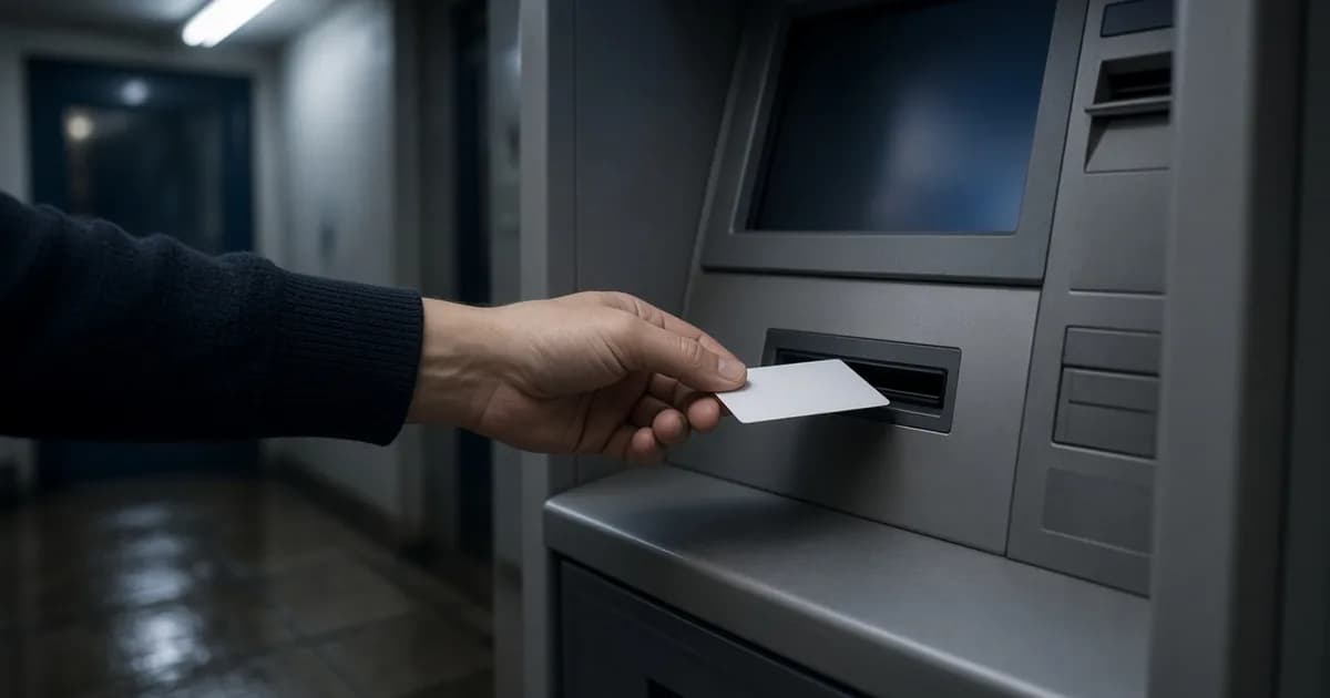 Ночью рука подносит белую карту без надписей к щели банкомата в пустом холле.