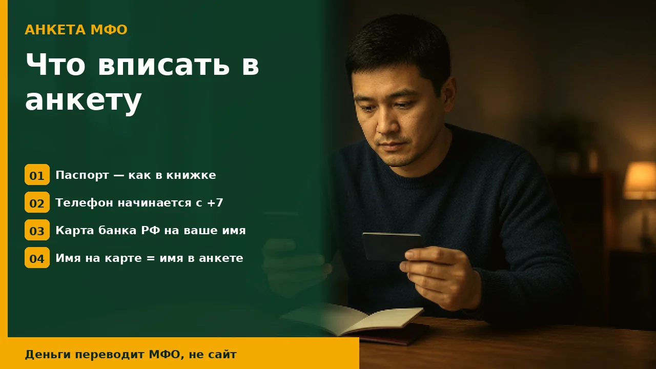 Мужчина с телефоном и картой российского банка заполняет данные для анкеты МФО